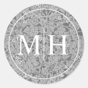 Sticker Rond Mariage élégant à motif floral gris et monogramme