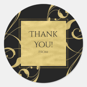 Sticker Rond Mariage élégant à tourbillon floral noir et or fau