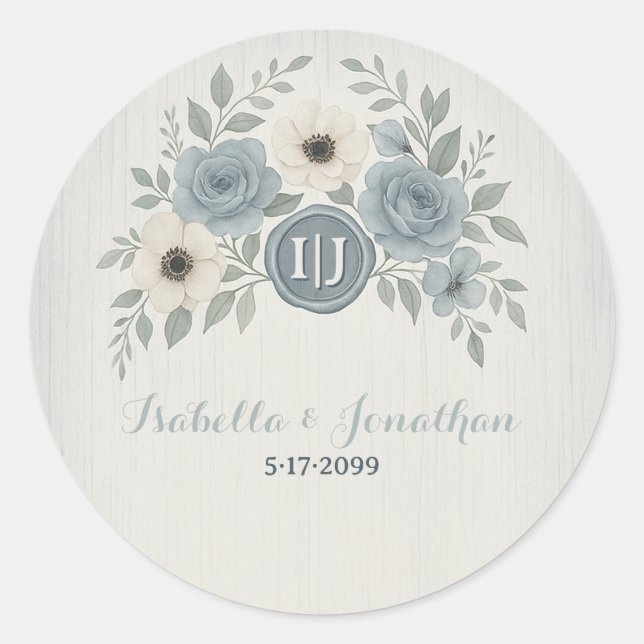 Sticker Rond Mariage Élégant avec Cire de Sceau Floral Bleu Pou (Devant)