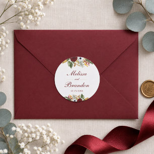 Sticker Rond Mariage élégant avec écriture florale rouge burgun