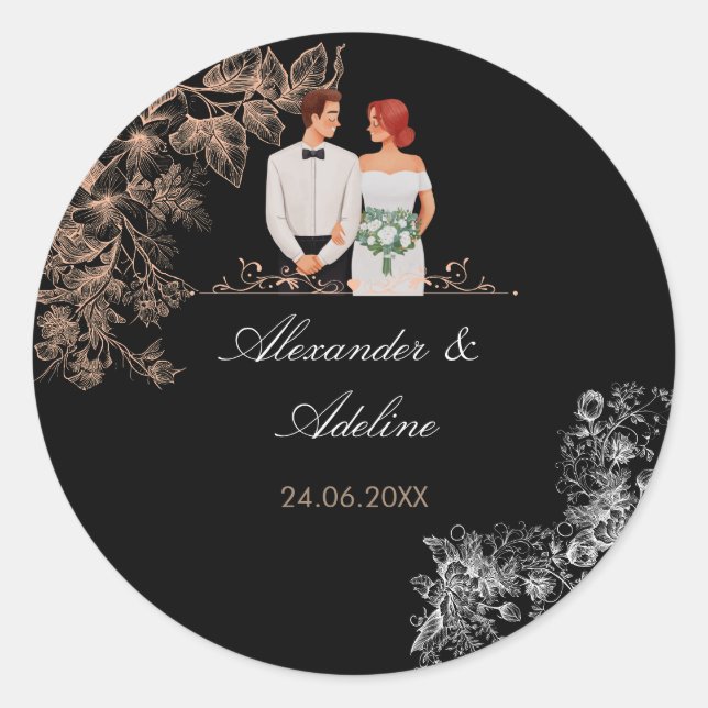 Sticker Rond Mariage élégant avec fleurs sombres  (Devant)