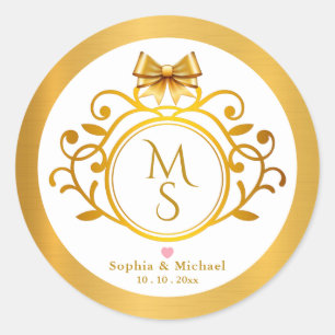 Sticker Rond Mariage élégant avec monogramme doré et couronne f