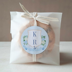 Sticker Rond Mariage élégant bleu et blanc avec monogramme côti