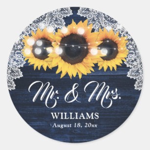 Sticker Rond Mariage élégant bleu marine bois dentelle tourneso