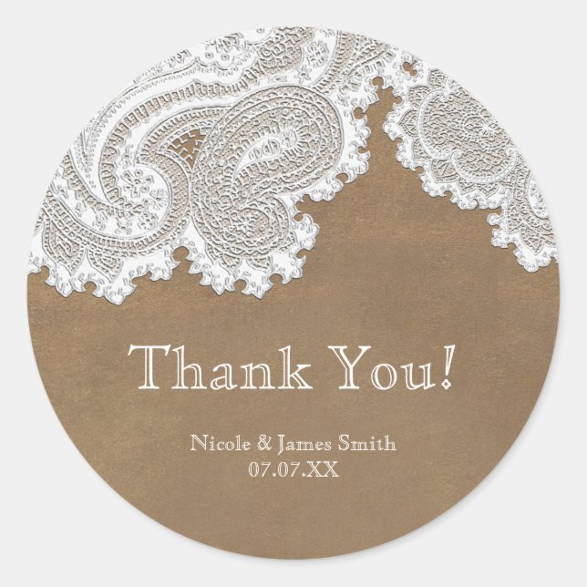 Sticker Rond Mariage Élégant Chic Rustique Brun & Dentelle Blan (Devant)