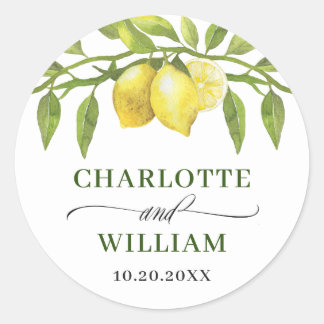 Sticker Rond Mariage Élégant Citrons Aquarelle Verdure