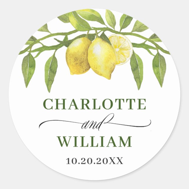 Sticker Rond Mariage Élégant Citrons Aquarelle Verdure (Devant)