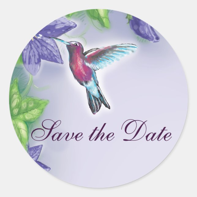 Sticker Rond mariage élégant colibri fleurs violettes (Devant)
