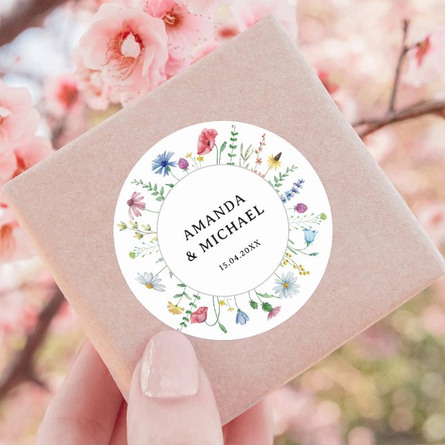 Sticker Rond Mariage Élégant de Fleurs Sauvages (Créateur téléchargé)
