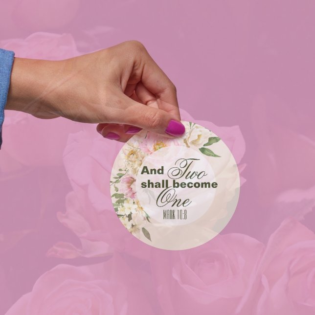 Sticker Rond Mariage Élégant DEUX DEUX DEVENIR UNE Bible Fronti (Elegant Two become one Bible Floral Wedding Classic Round Sticker)