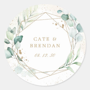 Sticker Rond Mariage élégant eucalyptus verdure géométrique or