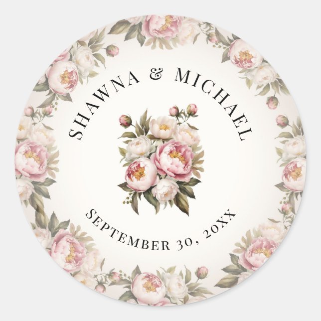 Sticker Rond Mariage Élégant Fleur de Pivoine Rose Aquarelle (Devant)