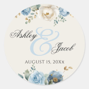 Sticker Rond Mariage Élégant Fleurs Bleues et Crème