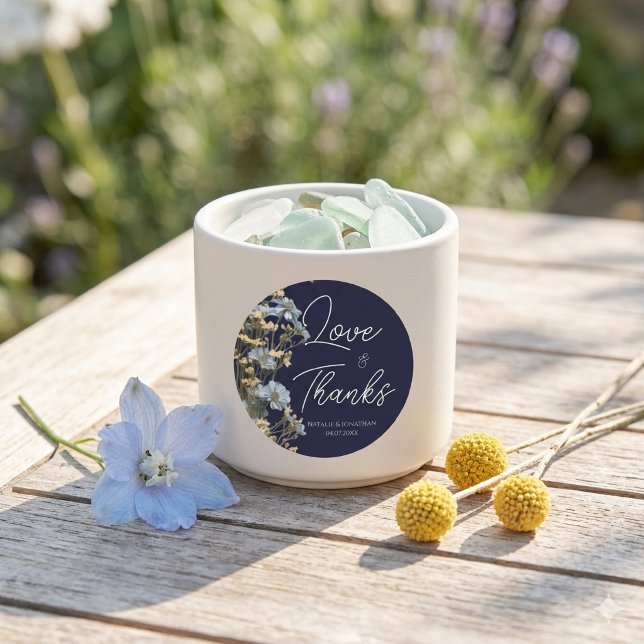 Sticker Rond Mariage Élégant Fleurs Navy  (Créateur téléchargé)