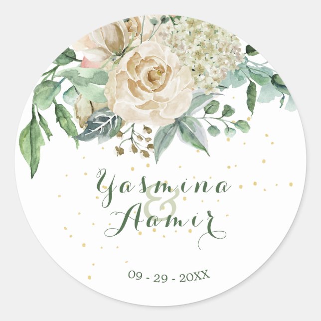 Sticker Rond Mariage Élégant Floral Neutre Rose Or (Devant)
