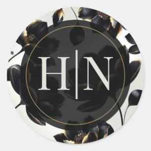 Sticker Rond Mariage élégant floral noir et or Greige