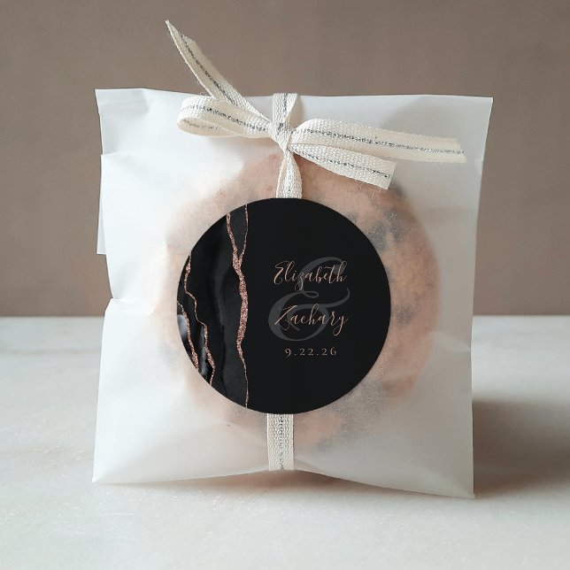 Sticker Rond Mariage élégant géode d'agate noir rose or foncé (Créateur téléchargé)