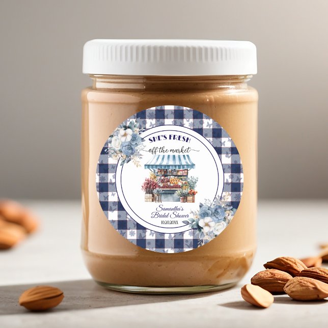 Sticker Rond Mariage Élégant Gingham Bleu Floral hors du Marché (Créateur téléchargé)