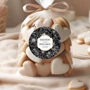 Sticker Rond Mariage Élégant Jardin Floral Or Noir et Blanc