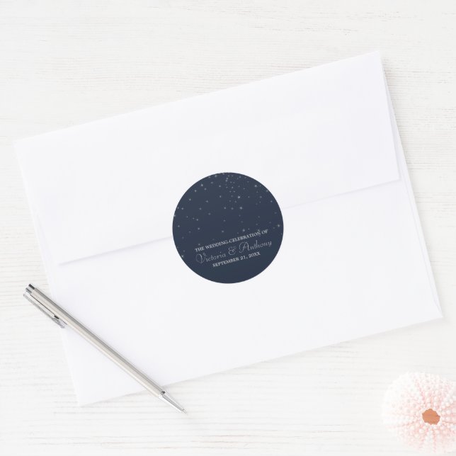 Sticker Rond Mariage Elegant Marine & Silver Falling Stars (Enveloppe)