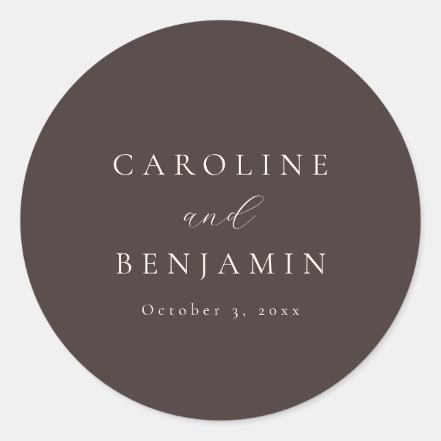 Sticker Rond Mariage Élégant Minimaliste Brun Mocha Calligraphi (Devant)