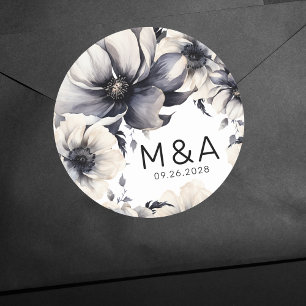 Sticker Rond Mariage Élégant Moderne Bohème Fleurs Noir et Blan
