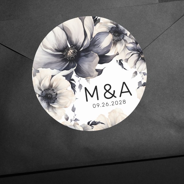 Sticker Rond Mariage Élégant Moderne Bohème Fleurs Noir et Blan (Modern Elegant Boho Floral Black White Wedding Classic Round Sticker)