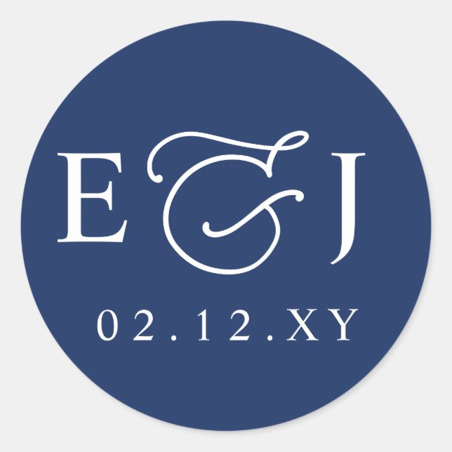 Sticker Rond Mariage Élégant Monogramme Bleu (Devant)