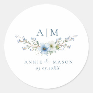 Sticker Rond Mariage Élégant Monogramme Bleu Poussiéreux