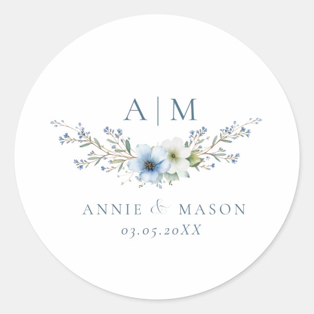 Sticker Rond Mariage Élégant Monogramme Bleu Poussiéreux (Devant)