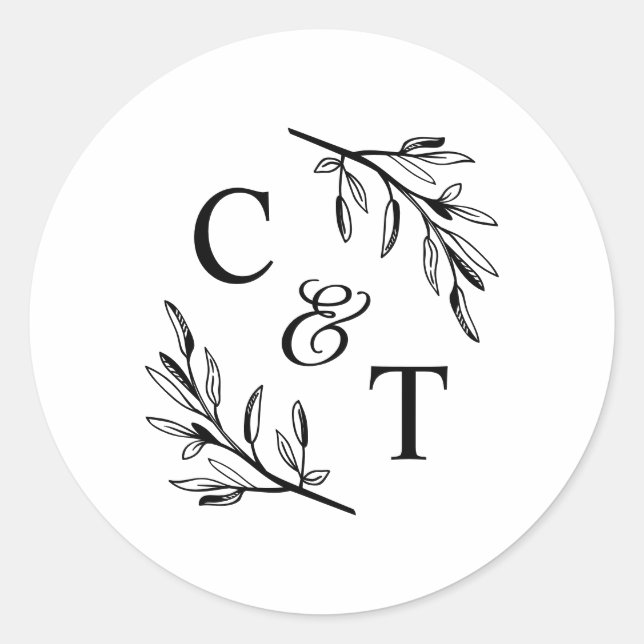 Sticker Rond Mariage Élégant Monogramme Feuillage (Devant)