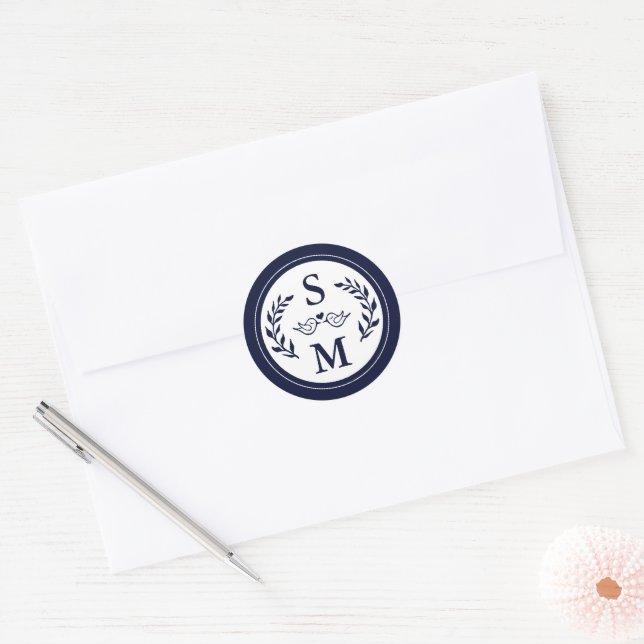 Sticker Rond Mariage élégant Monogramme moderne Marine bleu Fav (Enveloppe)