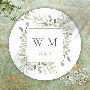 Sticker Rond Mariage Élégant Monogramme Vert Doré