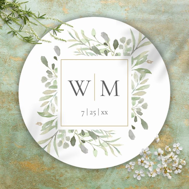 Sticker Rond Mariage Élégant Monogramme Vert Doré (Monogram Elegant Greenery Gold Wedding Classic Round Sticker)