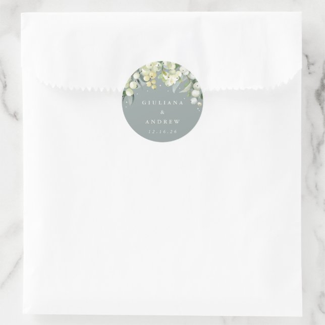 Sticker Rond Mariage Élégant Neige Verte + Eucalyptus (Sac)