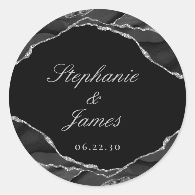 Sticker Rond Mariage élégant noir blanc argent feuille d'agate (Devant)