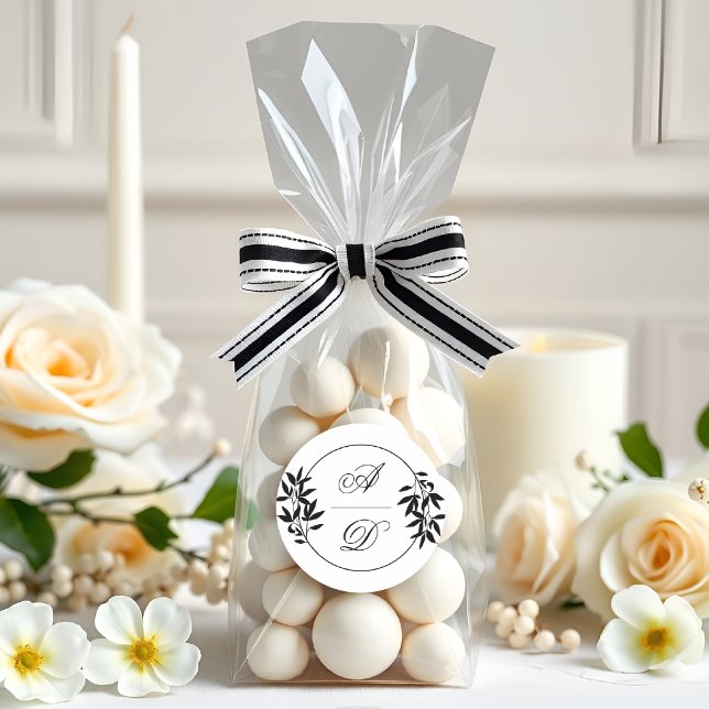 Sticker Rond Mariage élégant noir, branche blanche et initiales (Créateur téléchargé)