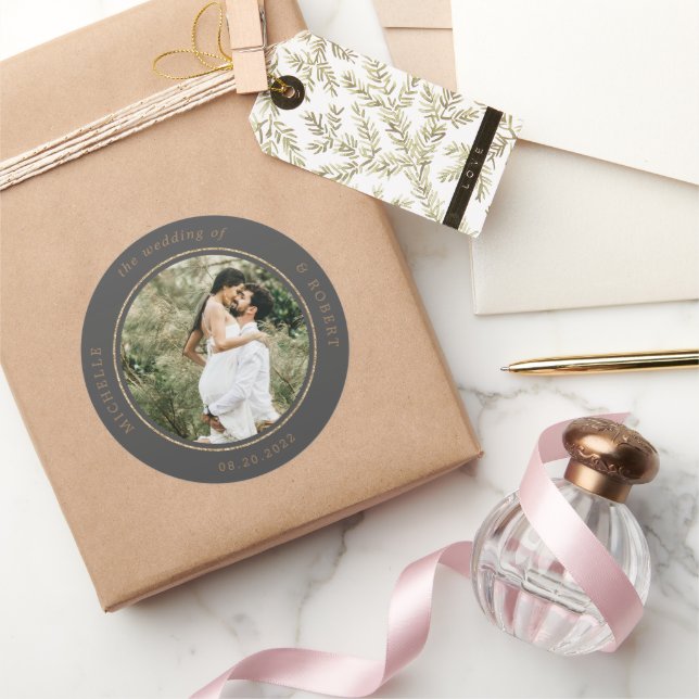 Sticker Rond mariage élégant photo monogramme (Cadeaux)