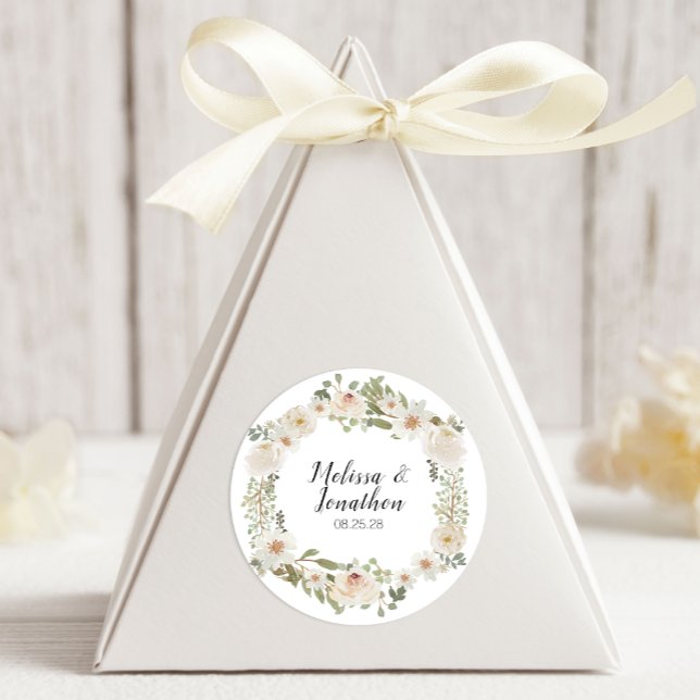 Sticker Rond Mariage Élégant Romantique aux Fleurs Blanches (Créateur téléchargé)