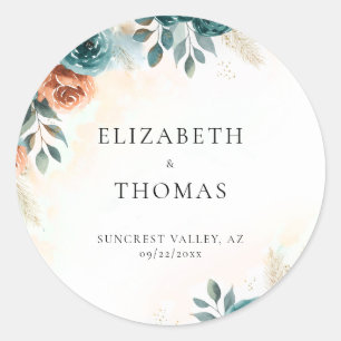 Sticker Rond Mariage Élégant Romantique Teal Orange Brûlé Autom