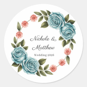 Sticker Rond Mariage Élégant Rose Turquoise & Daisy Orange