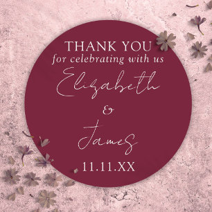 Sticker Rond Mariage Élégant Script Rouge Bourgogne Remerciemen