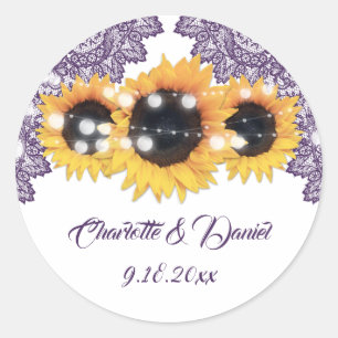 Sticker Rond Mariage Élégant Tournesol Rustique Violet