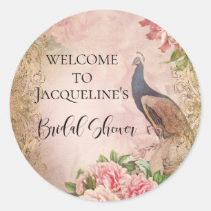 Sticker Rond Mariage Élégant Vintage Rose Pivoine Lavis de Paon