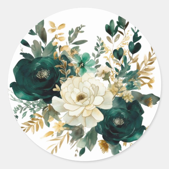 Sticker Rond Mariage Emerald Green et White Gold Peonies (Devant)