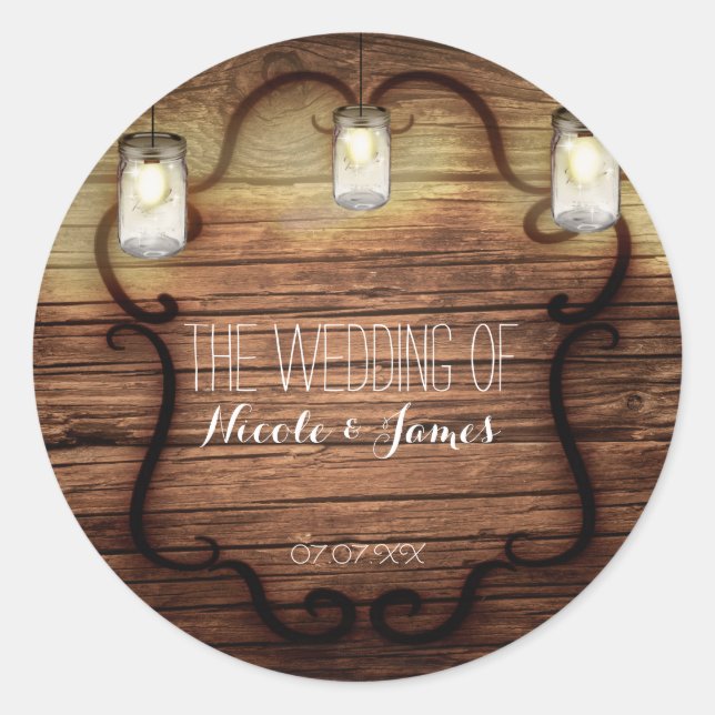 Sticker Rond Mariage en bois rustique de campagne et pots Mason (Devant)