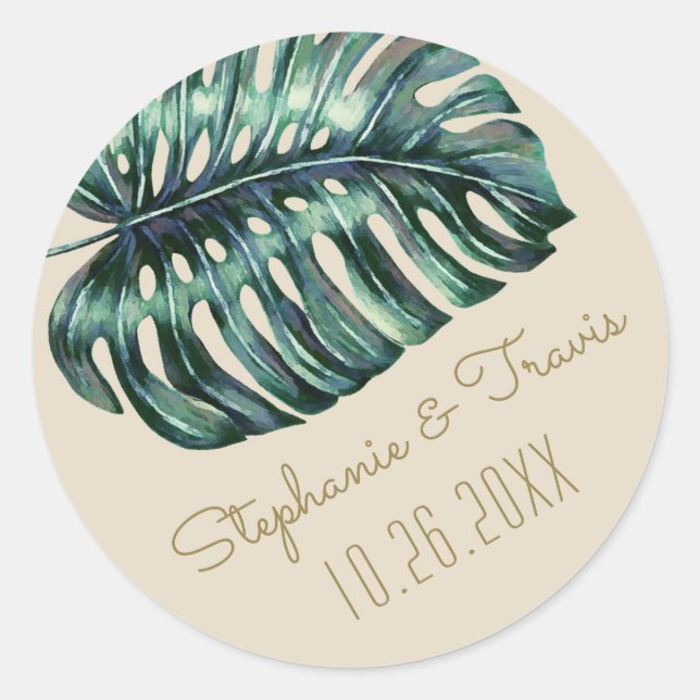 Sticker Rond Mariage en feuille de palme de Monstera Tropical (Devant)