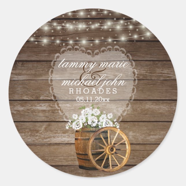 Sticker Rond Mariage en tonneau rustique en bois avec fleurs bl (Devant)