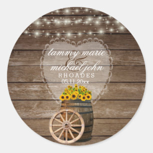 Sticker Rond Mariage en tonneau rustique en bois avec tournesol
