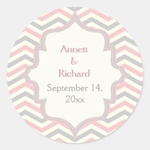 Sticker Rond Mariage en zigzag en chevron rose et gris Enregist